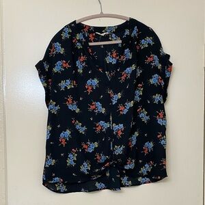 Black Floral Tie Front Blouse
